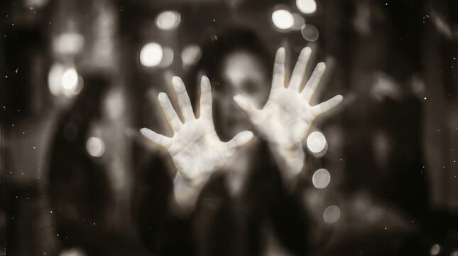 Ghostly hands reaching out from darkness with bokeh light texture background