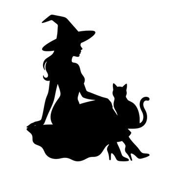 Halloween witch with black cat vector silhouette. Classic spooky halloween girl profile cutout. Black magic spell caster outline shape clipart transparent background isolated on White Background
