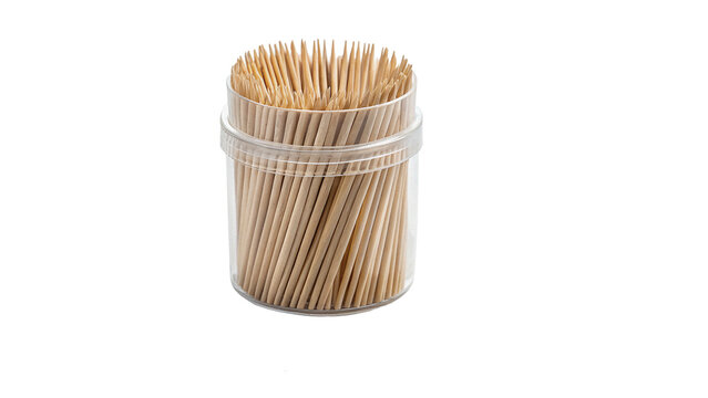 Wooden toothpicks inside a plastic container isolated on transparent background for restaurant table