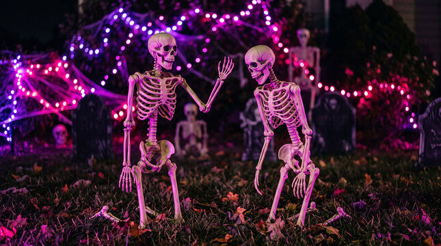 Two human skeletons posing in a spooky Halloween garden display with purple fairy lights
