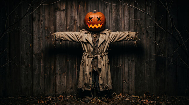Scary Halloween scarecrow with a glowing carved pumpkin head standing against wooden wall