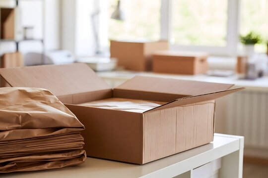 Offener Versandkarton mit Packpapier an einem hellen Verpackungsarbeitsplatz