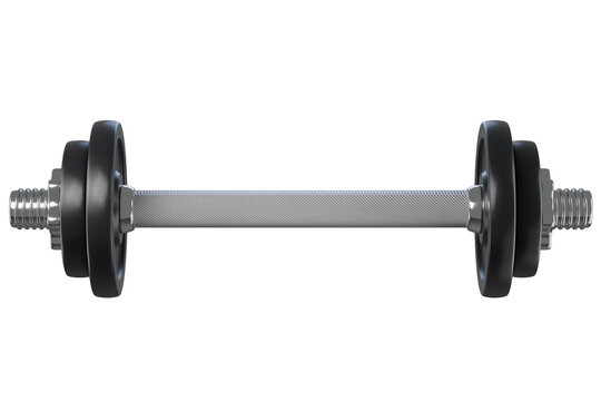 3D Dumbbell with Black Weight Plates Isolated. Fitness icon for strength training, home workouts, muscle building. 3d render
