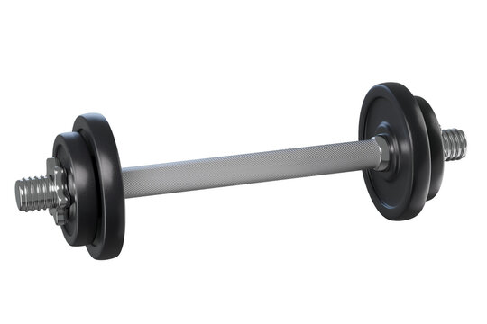 3D Dumbbell with Black Weight Plates Isolated. Fitness icon for strength training, home workouts, muscle building. 3d render
