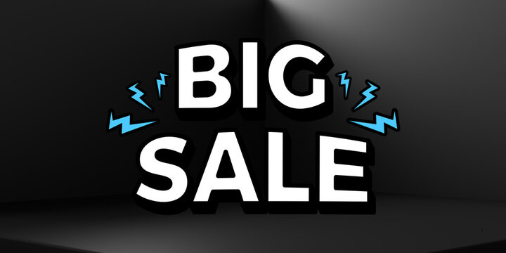 Big sale 3D text on dark studio background, promotional banner with blue lightning bolts, commercial discount marketing graphic