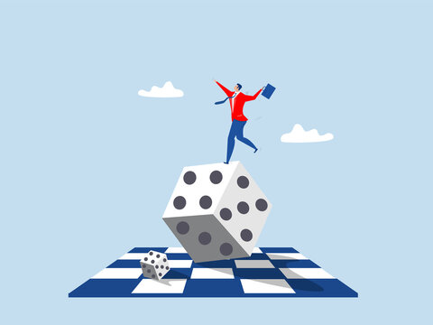 Businessman dare trying to balance himself on spinning unstable,, stock trader, gambling, uncertainty,Investment risk concept vector