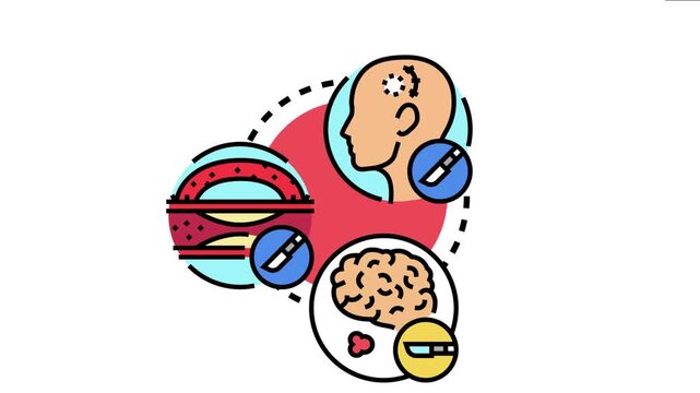 Advanced healthcare procedures involving surgical operations on the brain, cardiovascular system, and tumor removal are conceptualized in a modern icon set