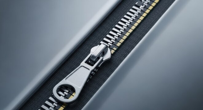 Close up view of a metallic zipper fastener on a dark fabric garment showing the interlocking teeth and the silver pull tab mechanism