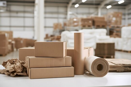 Versandkartons und Packpapier an einem Verpackungsarbeitsplatz im Lager