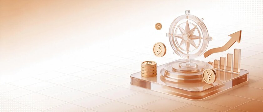 Transparent glass compass with golden dollar and yen coins and growing upward bar graph on light grid background represents global financial investment direction and business growth concept