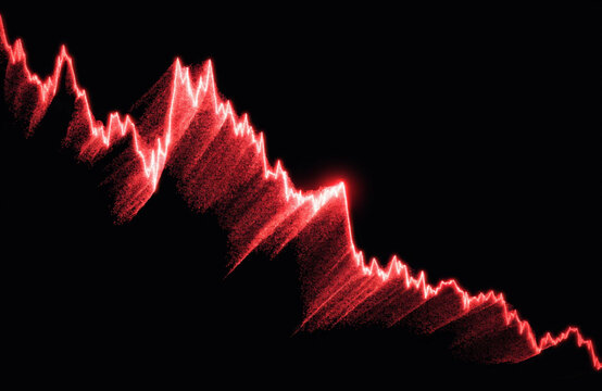 Abstract red sound wave or financial graph declining on black background