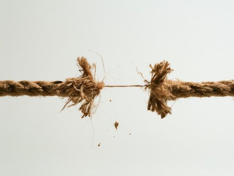 Close up of a frayed rope about to break against a white background.