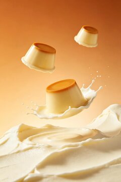 Three caramel custard puddings flying with fresh milk splash on warm orange gradient background, delicious creamy sweet dairy dessert for commercial food advertisement