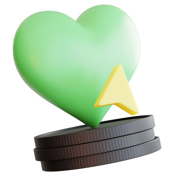 Pastel Green Heart On Coin Base With Yellow Cursor Arrow,3d Rendering.