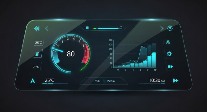 Futuristic car dashboard with digital gauges and graphs