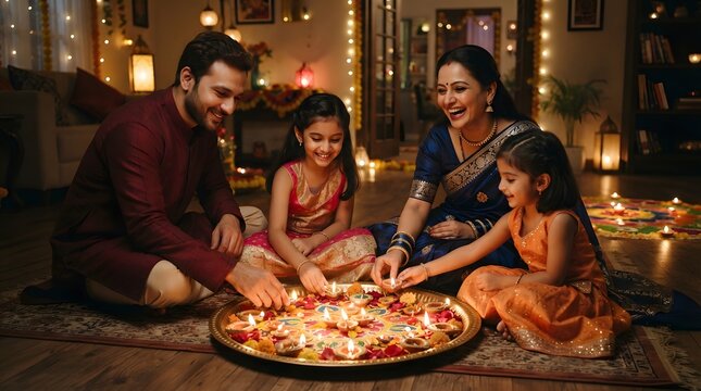 Indian family lighting diyas for diwali celebration