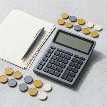 Office desk workspace setup with a calculator notebook and scattered colored coin tokens for financial planning and accounting, calculator