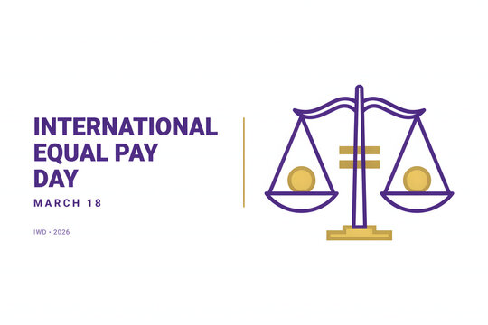 International equal pay day with a purple and gold balance scale and text on a white background, for march 18 awareness