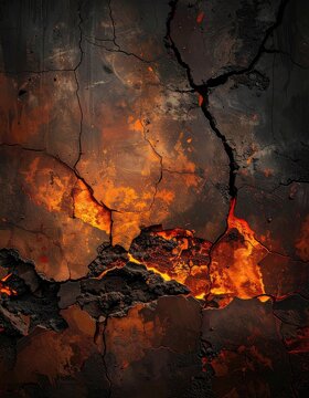 A close-up abstract view of cracked, dark earth revealing glowing orange magma beneath.