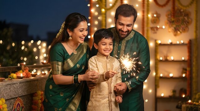 Indian family celebrating diwali with sparklers