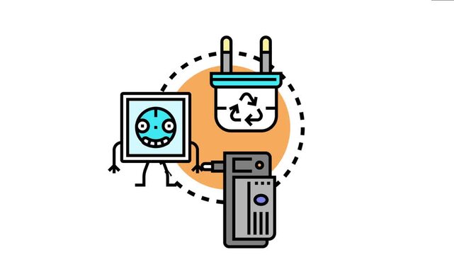 Exploring smart plug technology with an animated electrical socket, a plug showing a recycling symbol, and an advanced electronic device connecting for energy efficient home automation and control