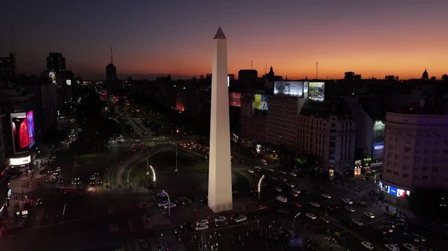 Aerial view of the city obelisk at night in Buenos Aires, Argentina