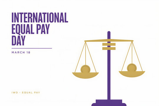 International equal pay day with a purple and gold balance scale and text on a white background, for march 18 awareness
