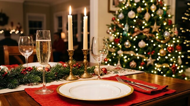Festive christmas dinner table setting with champagne flute, candles, and decorated tree in the background