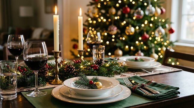 Elegant christmas table setting with candles, wine glasses, and festive decorations in a cozy home dining room with a glowing tree in the background