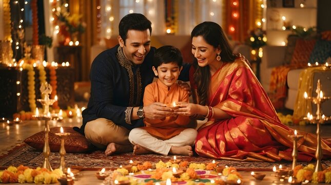 Happy indian family celebrating diwali festival at home, parents and son lighting diya lamp together
