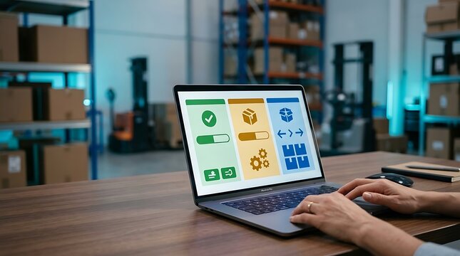 Person using a laptop to manage inventory and logistics in a warehouse facility.
