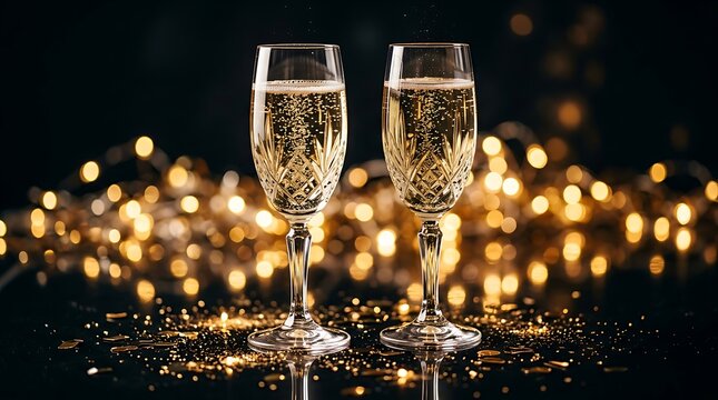 Two crystal glasses of champagne with golden bubbles, festive lights in the background, and sparkling confetti on a dark reflective surface