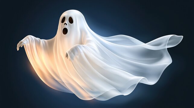 Glowing floating white silk ghost with open surprised mouth on dark blue background is perfect for halloween holiday themed decoration and spooky celebration