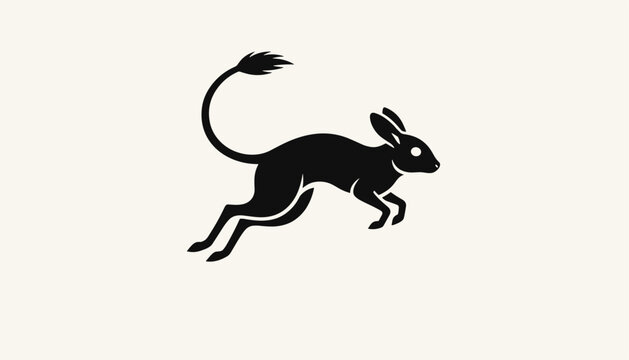 Minimalist black silhouette of a wild jerboa jumping dynamically with a long tufted tail against a cream background.