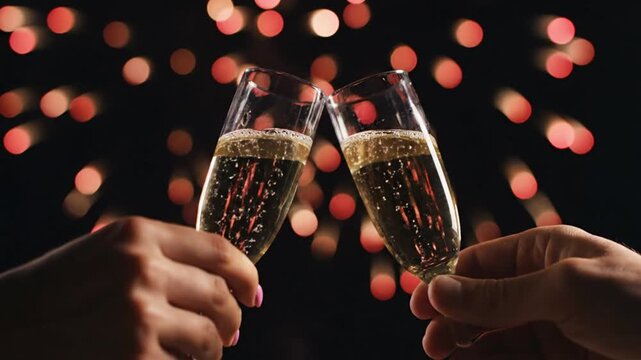 Two hands toasting champagne flutes with fireworks background at night