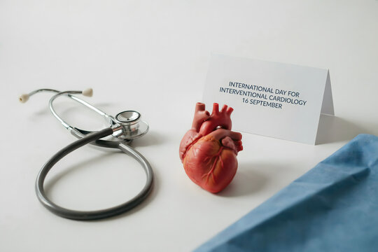 Medical concept featuring a realistic anatomical heart model, a stethoscope, and a sign for international day for interventional cardiology