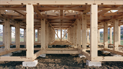 Fototapeta premium Wooden frame house construction residential area wooden pillar timber frame building site detached house suburban house unfinished house