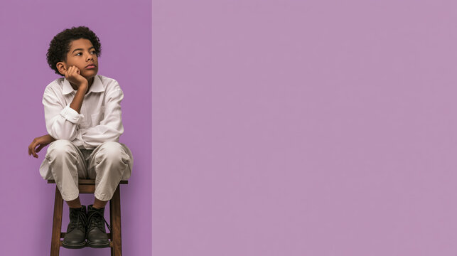 Pensive boy on wooden stool against purple background, empty space, child portrait, school age, thoughtful pose, studio lighting