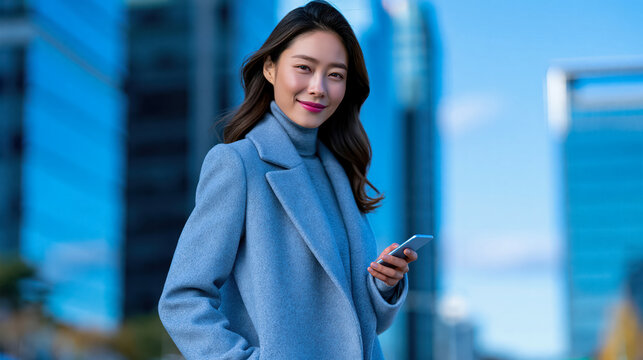 Young Korean woman in business district holding smartphone with calm confident expression and clean blue sky background