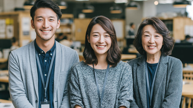 Bright office interior with wooden furniture and smiling Japanese business casual people