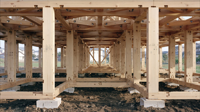 Wooden frame house construction residential area wooden pillar timber frame building site detached house suburban house unfinished house