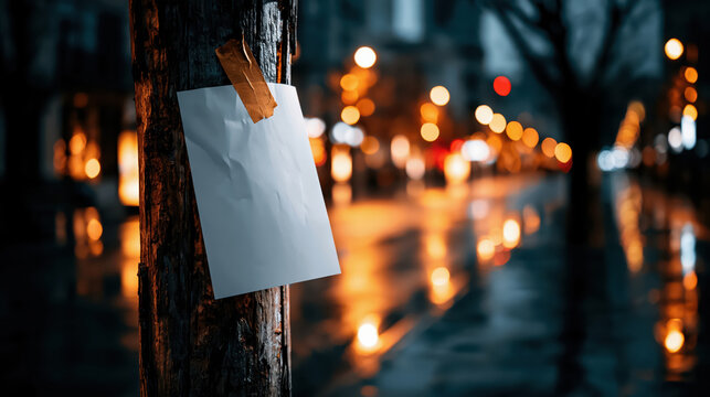 Blank paper flyer taped to wet wooden pole on rainy night city street with blurred lights