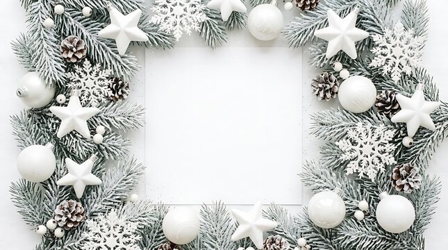 Christmas frame made of fir branches, white ornaments, stars, snowflakes and pine cones isolated on white background