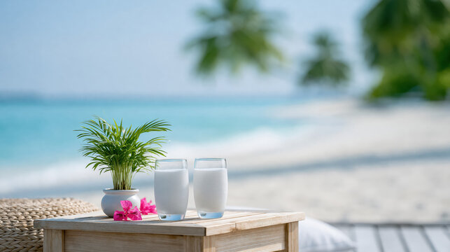 Tropical beach turquoise ocean white sand palm tree wooden table white glass pink flower woven pouf serene resort tropical drink clear water blue