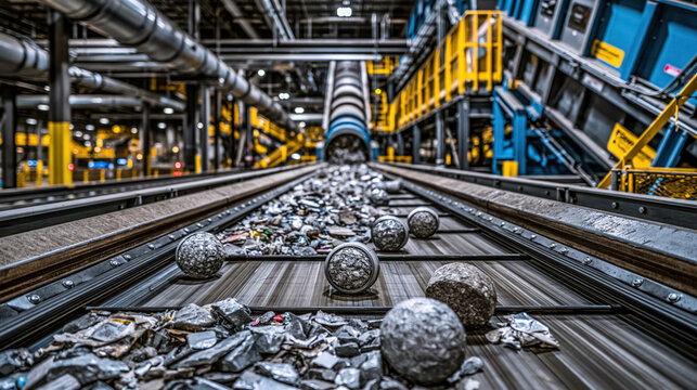 Industrial recycling facility conveyor belt sorted waste processing line metal scrap interior modern factory machinery waste management