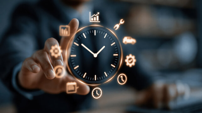 Business professional hand reaches virtual clock interface for time management, scheduling, deadline planning, productivity, efficiency, workflow