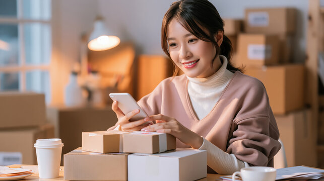 Home business entrepreneur packing customer order in clean studio with shipping box and smartphone, smiling woman