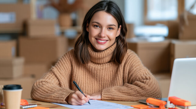 Smiling woman packing customer order in home studio with shipping box and laptop for small business