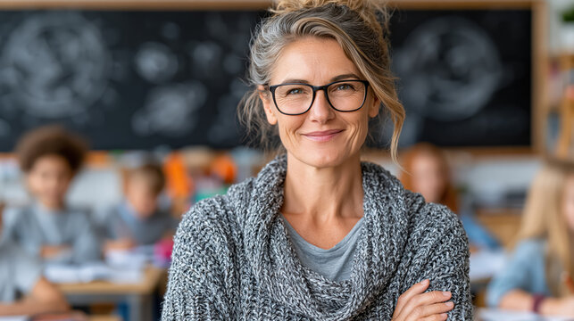 Smiling female teacher in classroom with children learning at desks and blackboard background