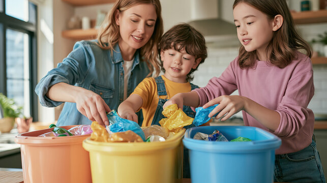 Family sorting recyclable materials into color coded bin in modern kitchen, eco friendly home recycling with mother and children